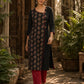 Artful Black Cotton Kurta with Statement Ajrakh Print Panel & Contrast Piping