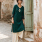 Minimal Bottle Green Kurta with Minimal Embroidery & Contrast Checkered Cuffs