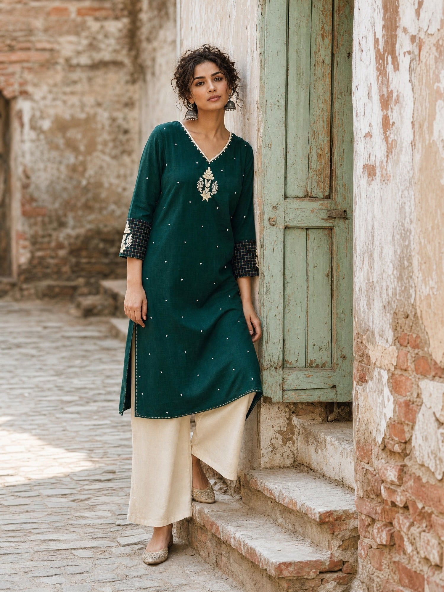 Minimal Bottle Green Kurta with Minimal Embroidery & Contrast Checkered Cuffs