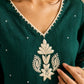 Minimal Bottle Green Kurta with Minimal Embroidery & Contrast Checkered Cuffs