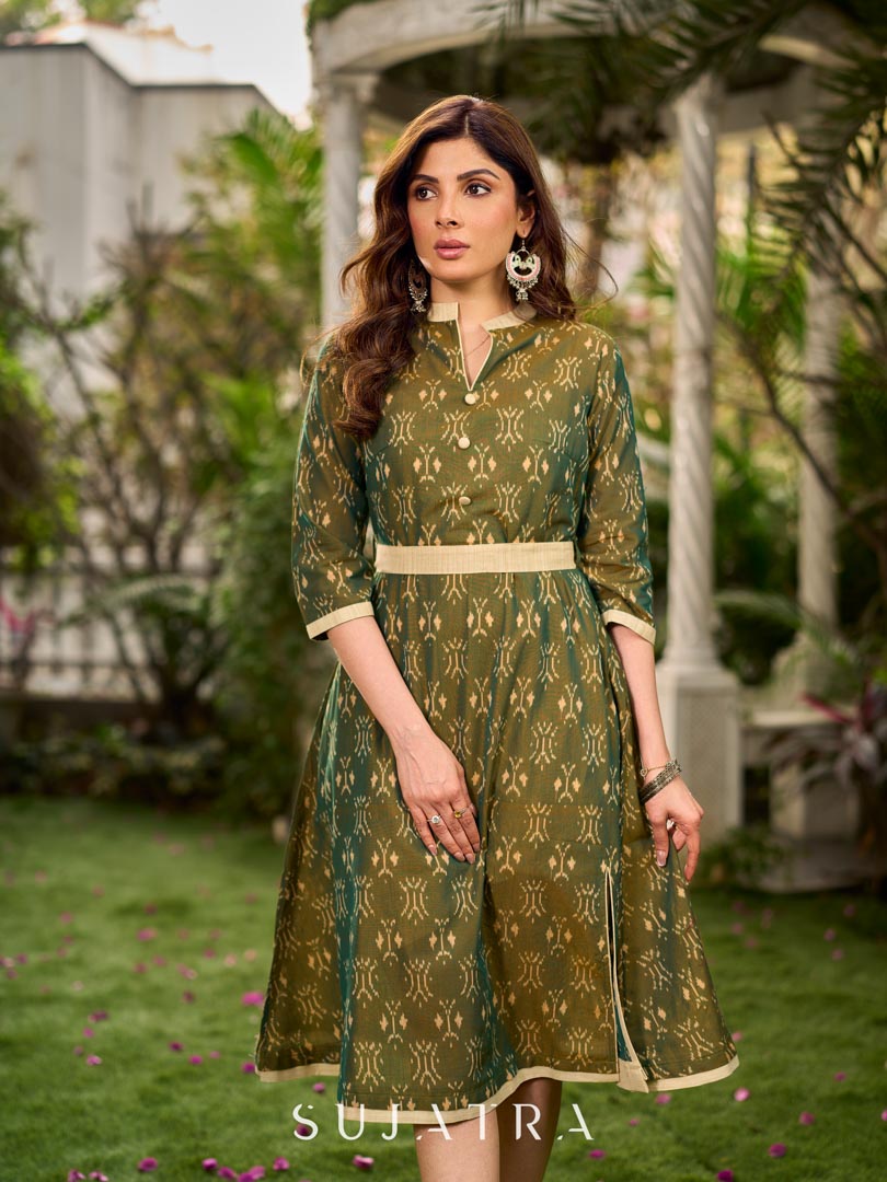 Statement olive green two-tone Ikat dress elevated with cream?gold accents, a structured belt for definition, and a subtle left-front slit.