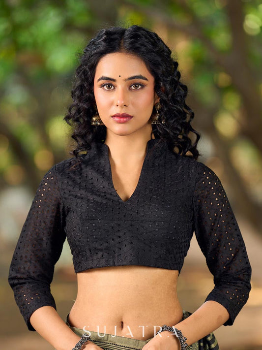 Elegant Black Cotton Hakoba 3/4 Sleeve V-Neck Cutout Back Blouse