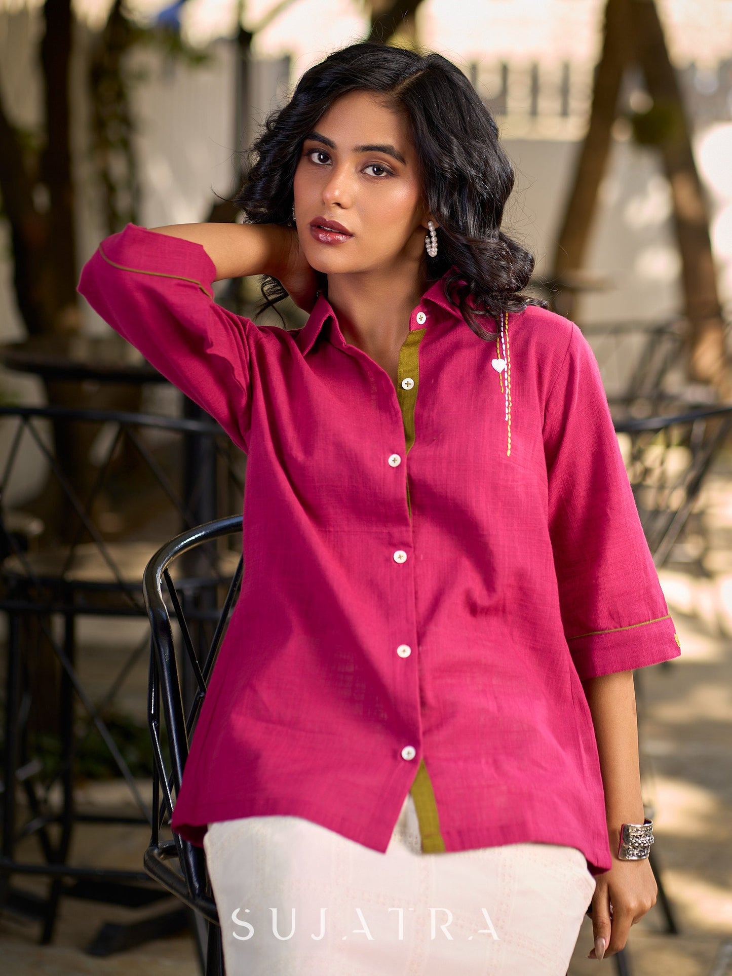 Magenta Cotton Shirt Featuring Fine Hand Embroidered Details