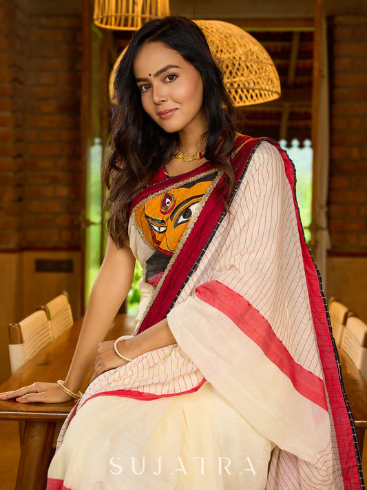 Striking white cotton saree with bold red-black borders, featuring a hand-painted Durga motif