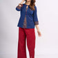 Blue Cotton Top with Keyhole Neck Opening and Statement Stripe Accents