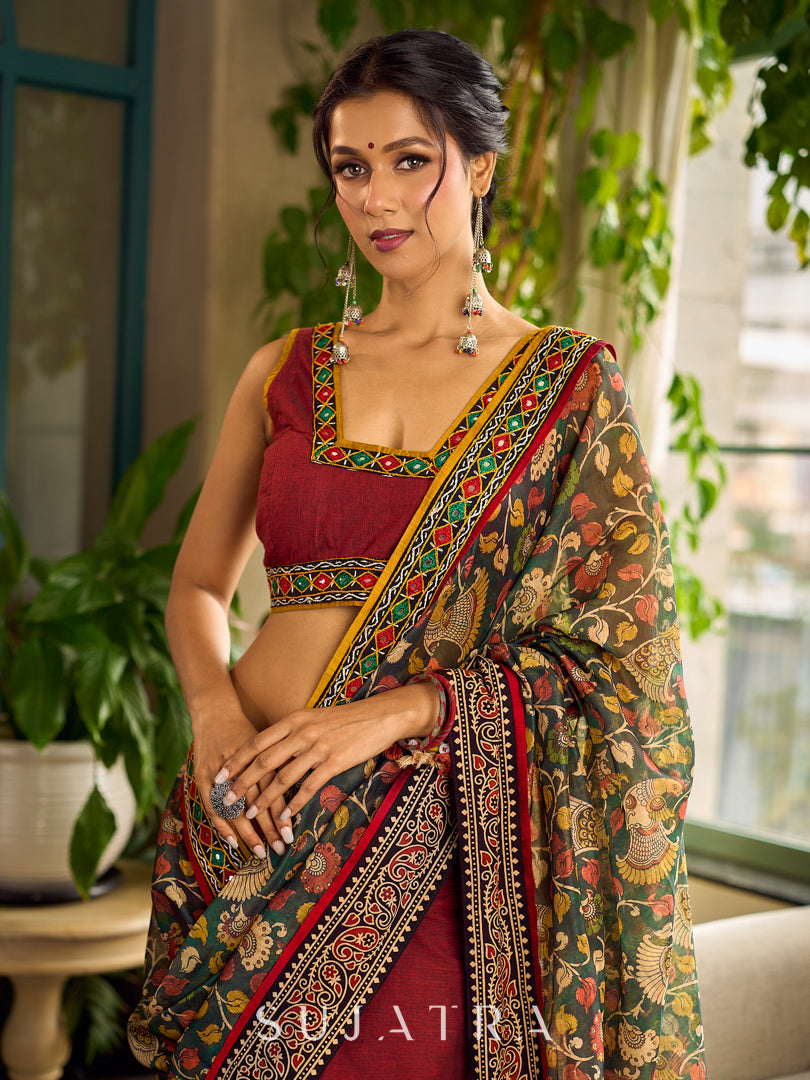 Regal Maroon Cotton Saree with Rich Kalamkari Printed Pallu with Mirror work