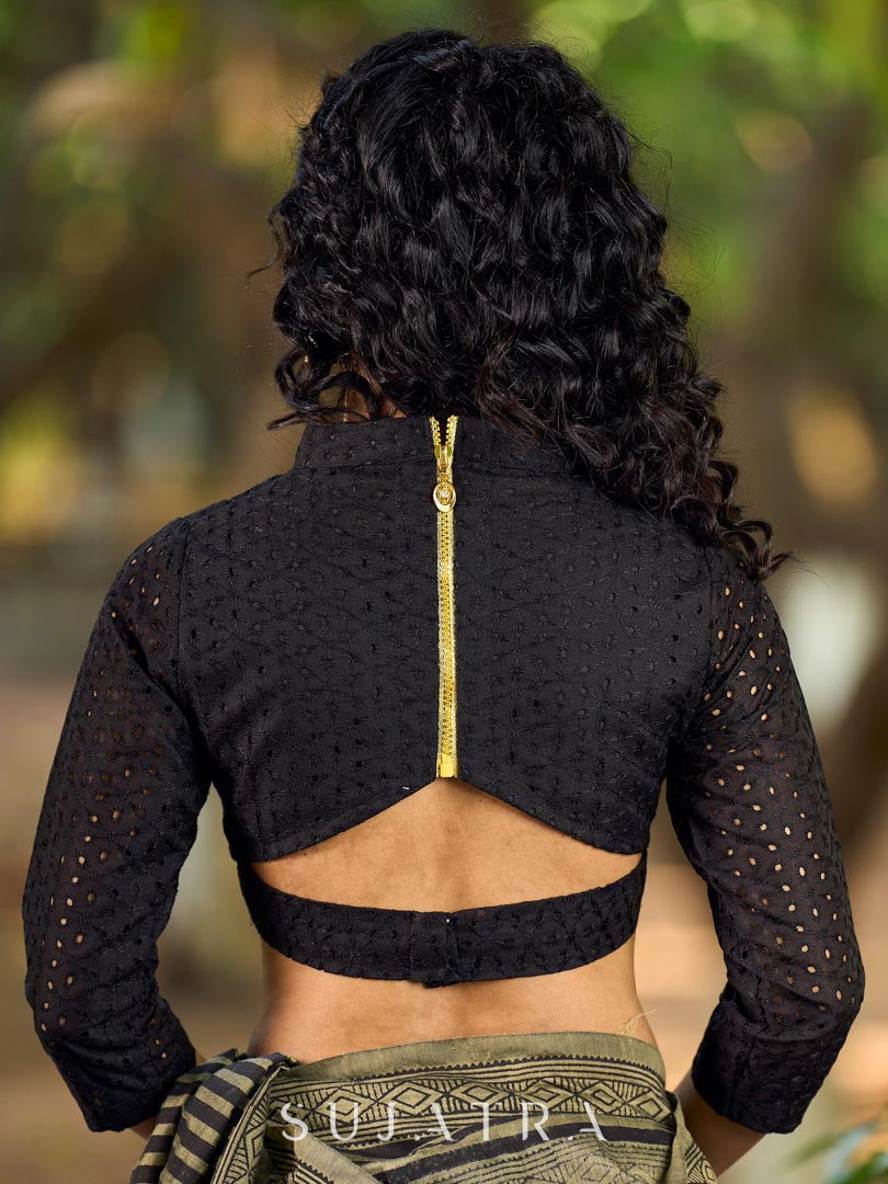 Elegant Black Cotton Hakoba 3/4 Sleeve V-Neck Cutout Back Blouse