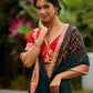 Timeless Bottle Green Georgette Saree with Contrast Red Benarasi Border & Hand Embroidered Pallu