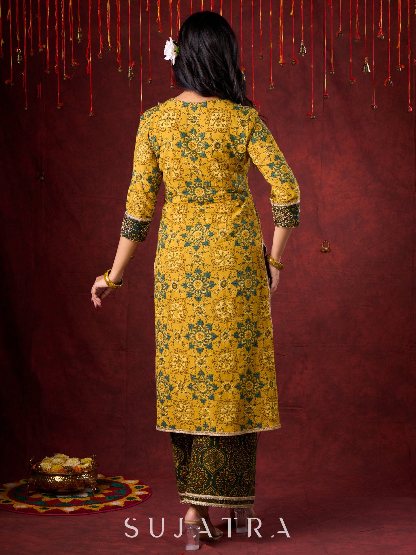 Mustard & Green Ajrakh Cotton Kurta with Minimal Hand Embroidery