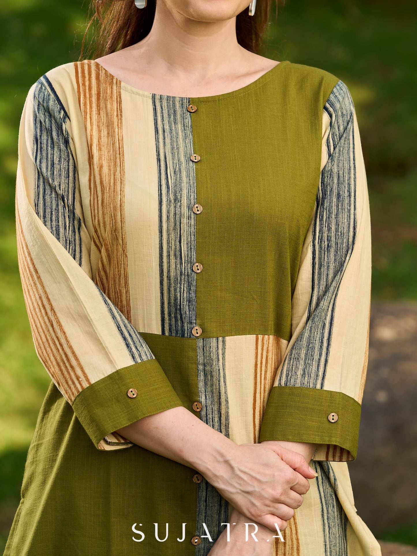 Artisanal Olive Cotton Kurta with Earthy Stripes and Asymmetrical Cut Panels