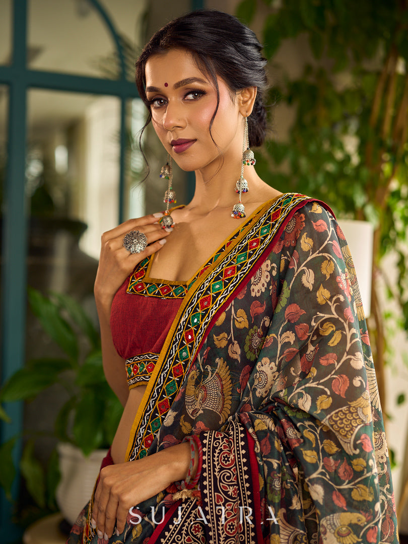 Regal Maroon Cotton Saree with Rich Kalamkari Printed Pallu with Mirror work