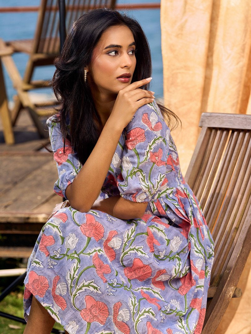 Lilac Bloom Cotton Pleated Dress With Scarlet Floral Print