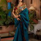 Teal cotton saree with Kalamkari border and rich khun border detailing