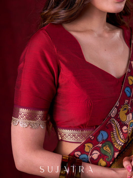 Maroon Cotton Silk Blouse with Intricate Zari Border Accents