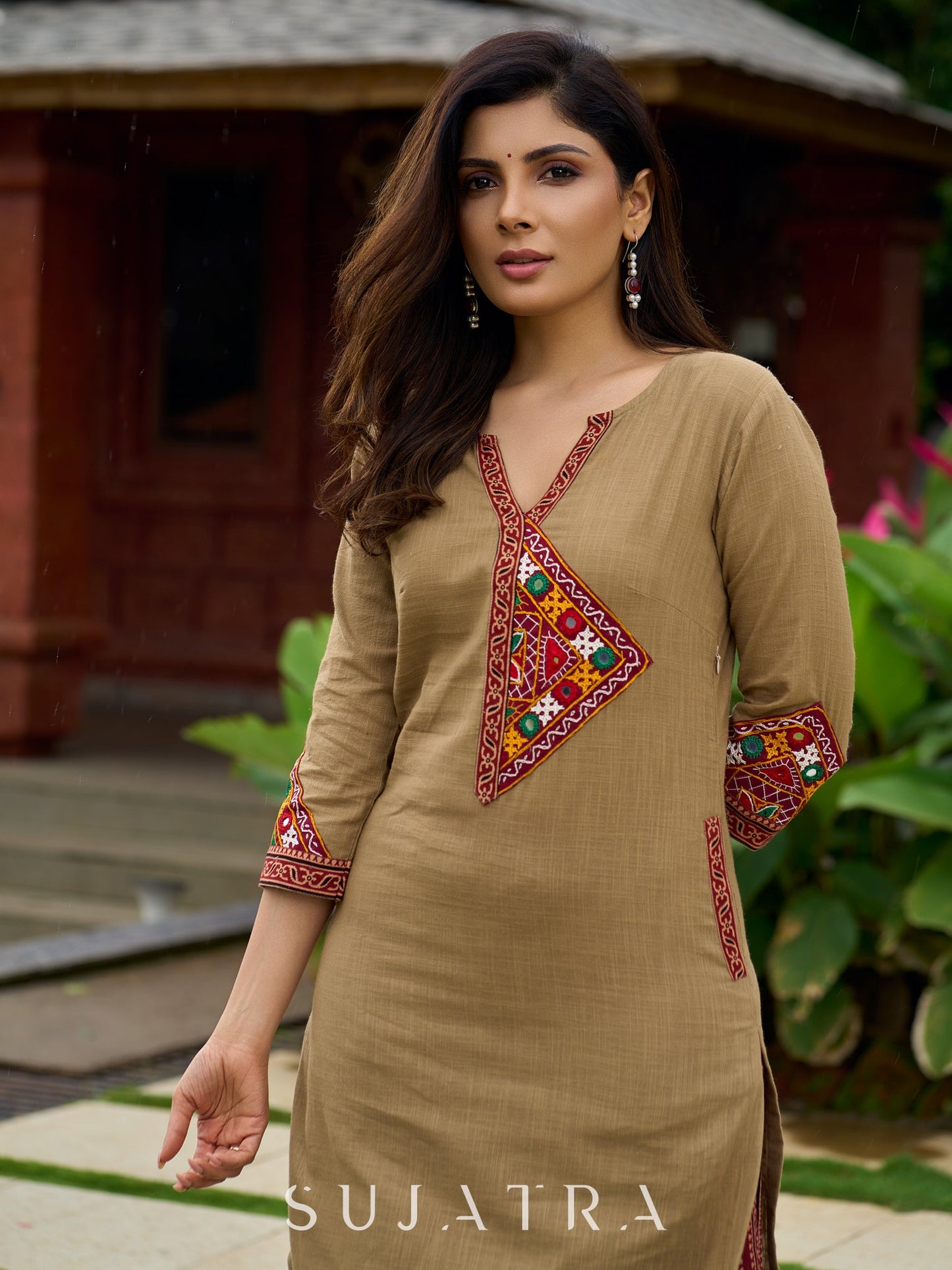 Beautiful dark beige cotton kurta beautifully designed with subtle mirror work-pant optional