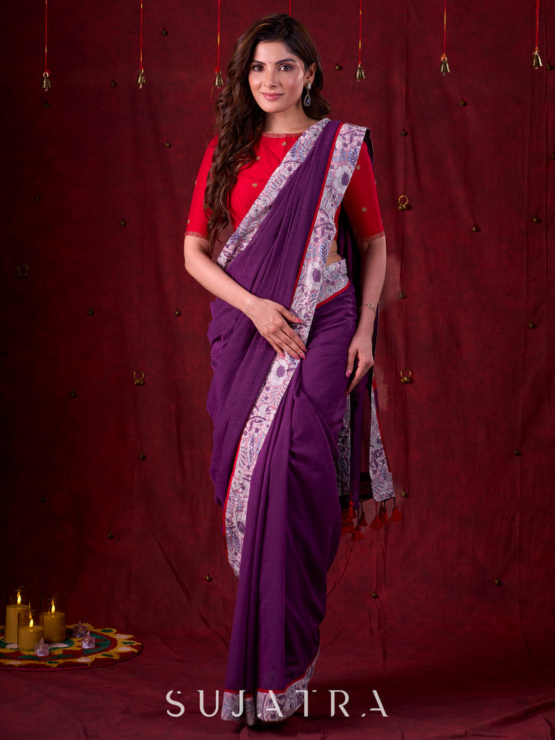 Ethereal Dual-Tone Purple Mul Cotton Saree with Floral Border, Red Tassel Highlights & Intricate Embroidered Pallu