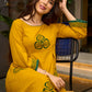 Contemporary Mustard Floral Hand Block Print Dress featuring Front & Back Box Pleat with Geometric Border on Hem & Sleeves