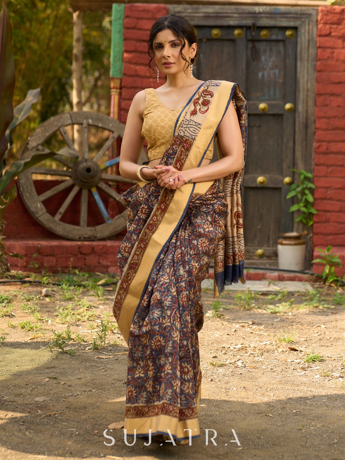 Graceful pure Chanderi saree with intricate hand block prints and contrast pallu