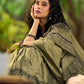Natural Sage Green Cotton Saree with Traditional Black Hand Block Printed Border