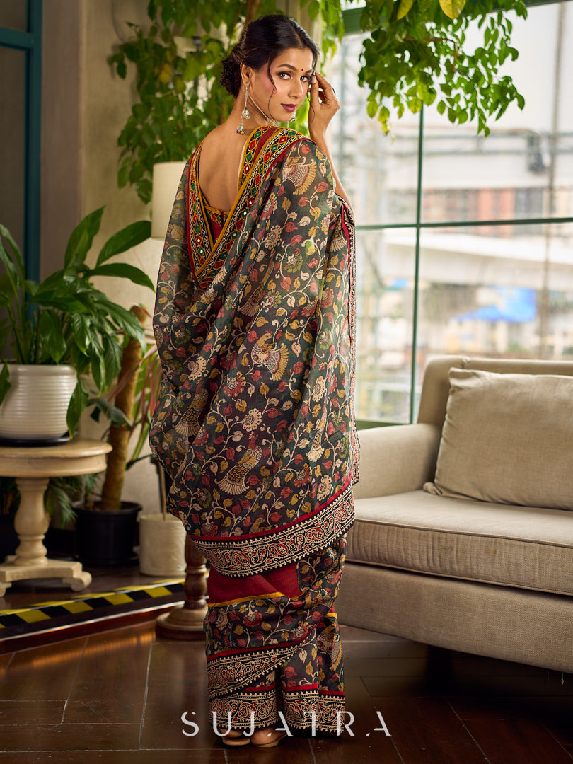 Regal Maroon Cotton Saree with Rich Kalamkari Printed Pallu with Mirror work