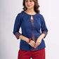 Blue Cotton Top with Keyhole Neck Opening and Statement Stripe Accents