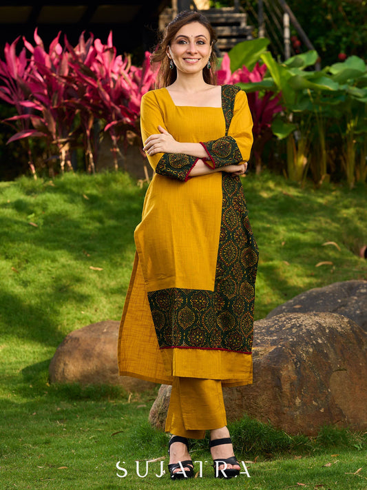 Elegant Mustard Cotton Kurta with Contrast Green Mughal Printed Border Panels