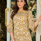 Soft Beige Printed Mul Cotton Dress with Sleek Boat Neck and Bold Contrast Piping