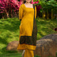 Elegant Mustard Cotton Kurta with Contrast Green Mughal Printed Border Panels