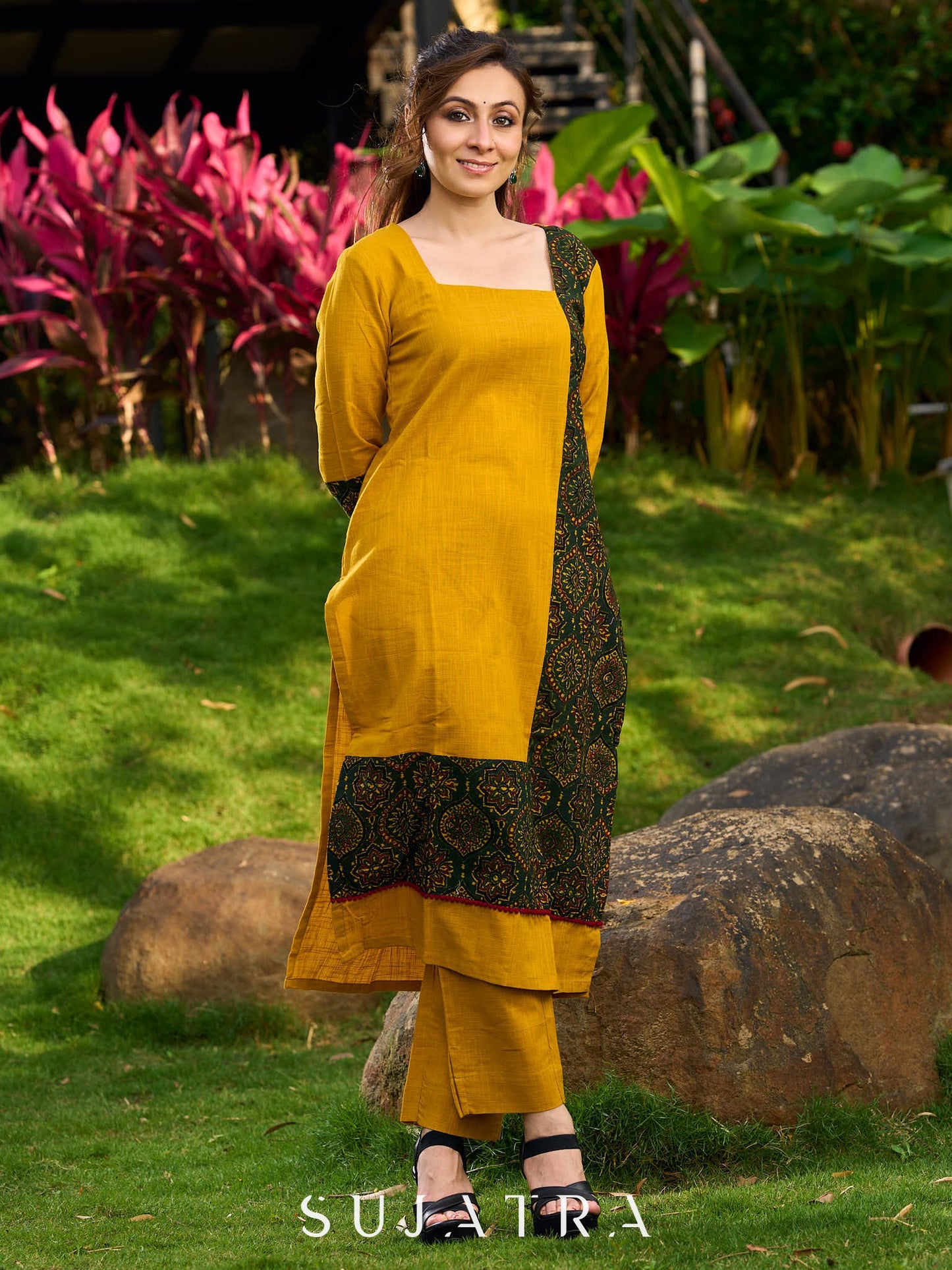 Elegant Mustard Cotton Kurta with Contrast Green Mughal Printed Border Panels