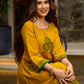 Contemporary Mustard Floral Hand Block Print Dress featuring Front & Back Box Pleat with Geometric Border on Hem & Sleeves
