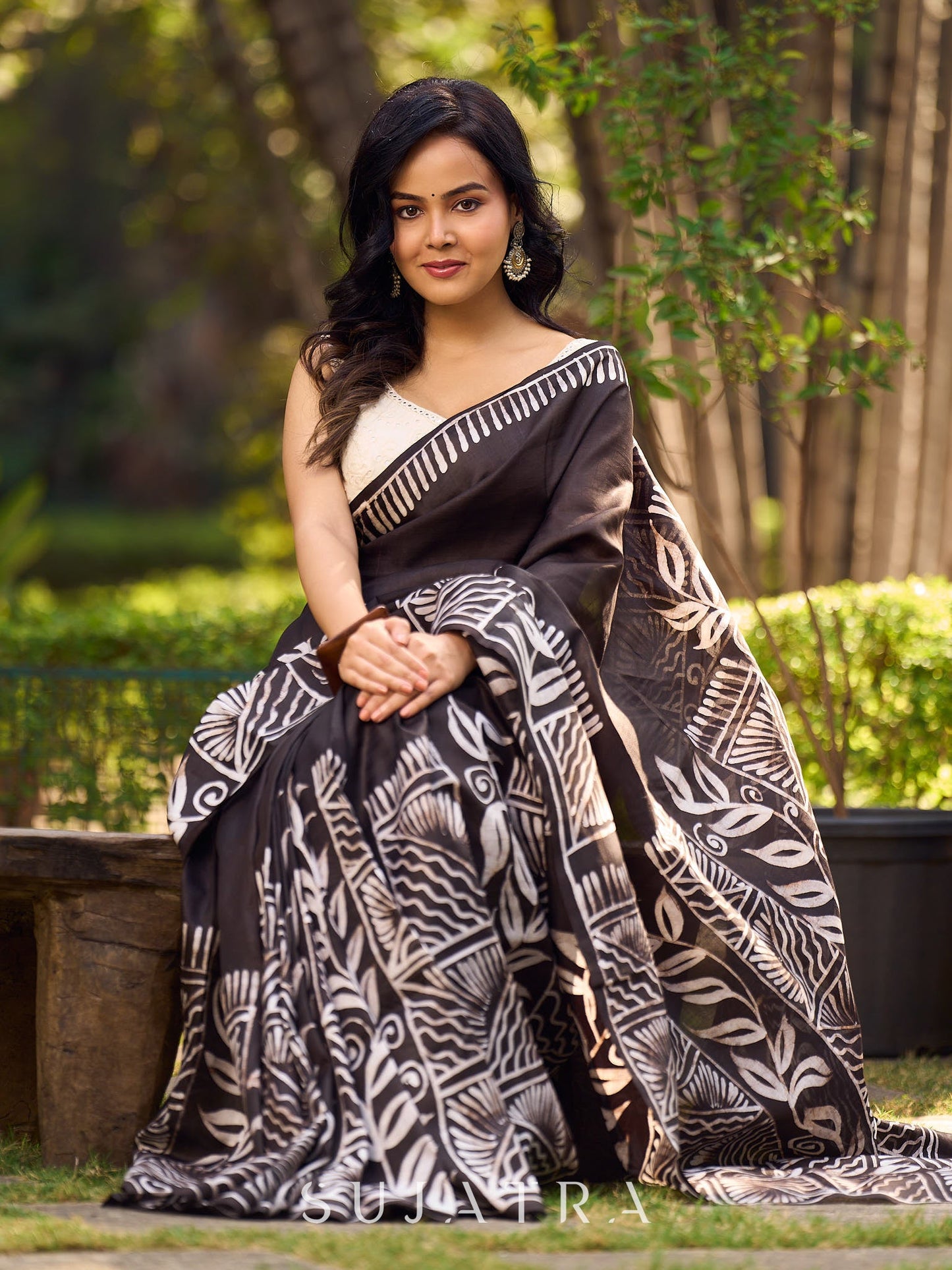Artisanal Black Pure Silk Hand Batik Saree with Classic Bold Designs