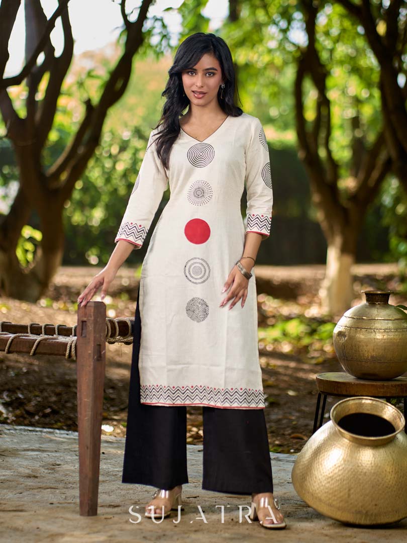 Contemporary Off-White Cotton Flex Kurta with Modern Geometric Hand Block Print