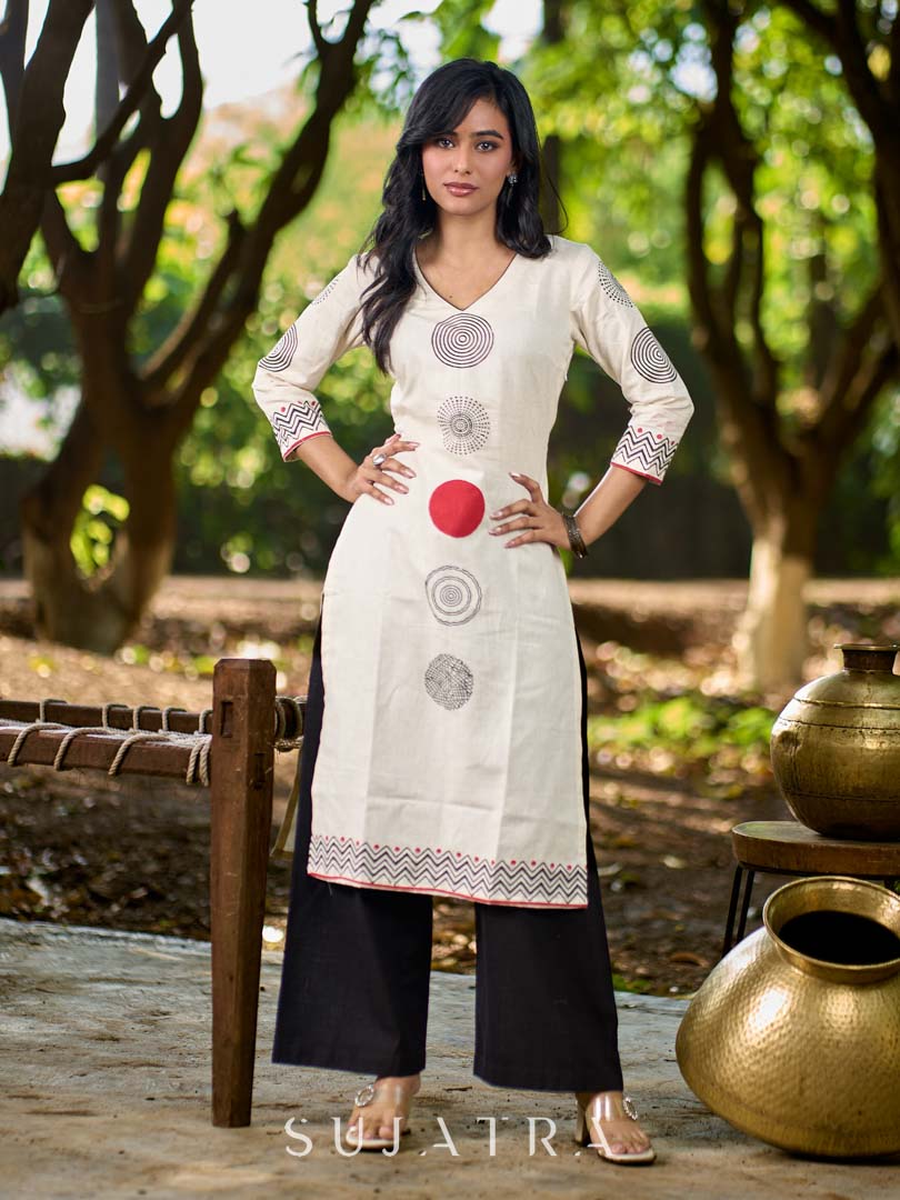 Contemporary Off-White Cotton Flex Kurta with Modern Geometric Hand Block Print