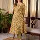 Bright Yellow Floral Print Cotton A-Line Kurta with Contrast Striped Cuff