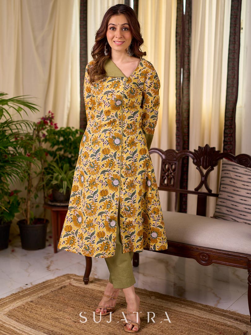 Bright Yellow Floral Print Cotton A-Line Kurta with Contrast Striped Cuff