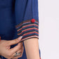 Blue Cotton Top with Keyhole Neck Opening and Statement Stripe Accents
