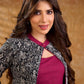 Elegant black motif jacket with fine illustrative prints, a tailored fit, and a contrasting wine neckline, delivering a composed, well-defined look ideal for polished corporate styling.