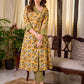 Bright Yellow Floral Print Cotton A-Line Kurta with Contrast Striped Cuff