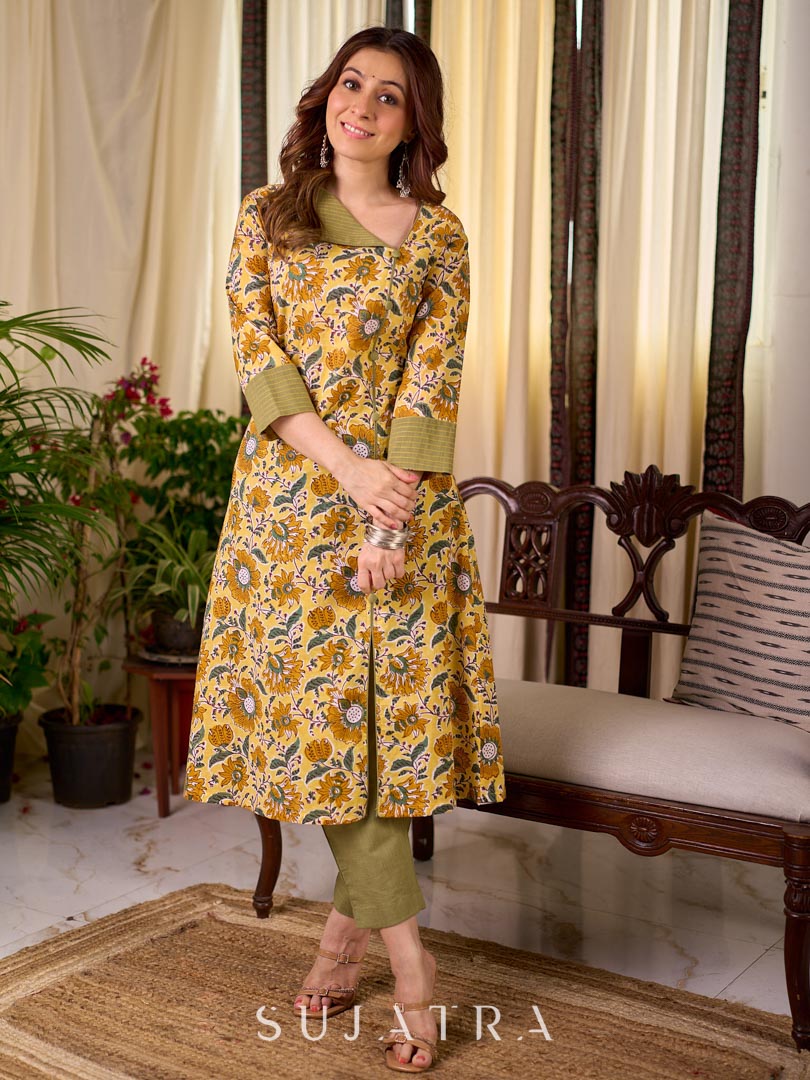 Bright Yellow Floral Print Cotton A-Line Kurta with Contrast Striped Cuff