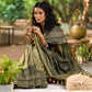 Natural Sage Green Cotton Saree with Traditional Black Hand Block Printed Border