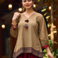 Beige Cotton Top Featuring Ajrakh Border, V Neckline, Gathered Sleeves And Fabric Tassels
