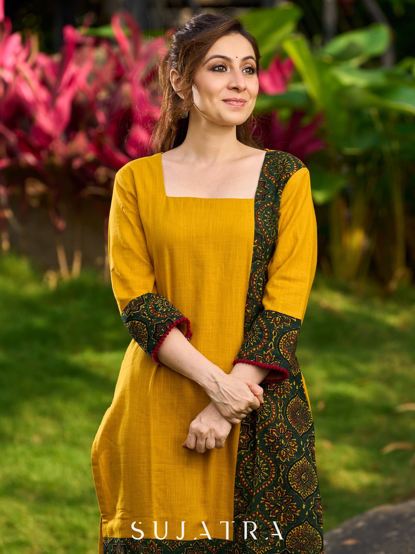Elegant Mustard Cotton Kurta with Contrast Green Mughal Printed Border Panels