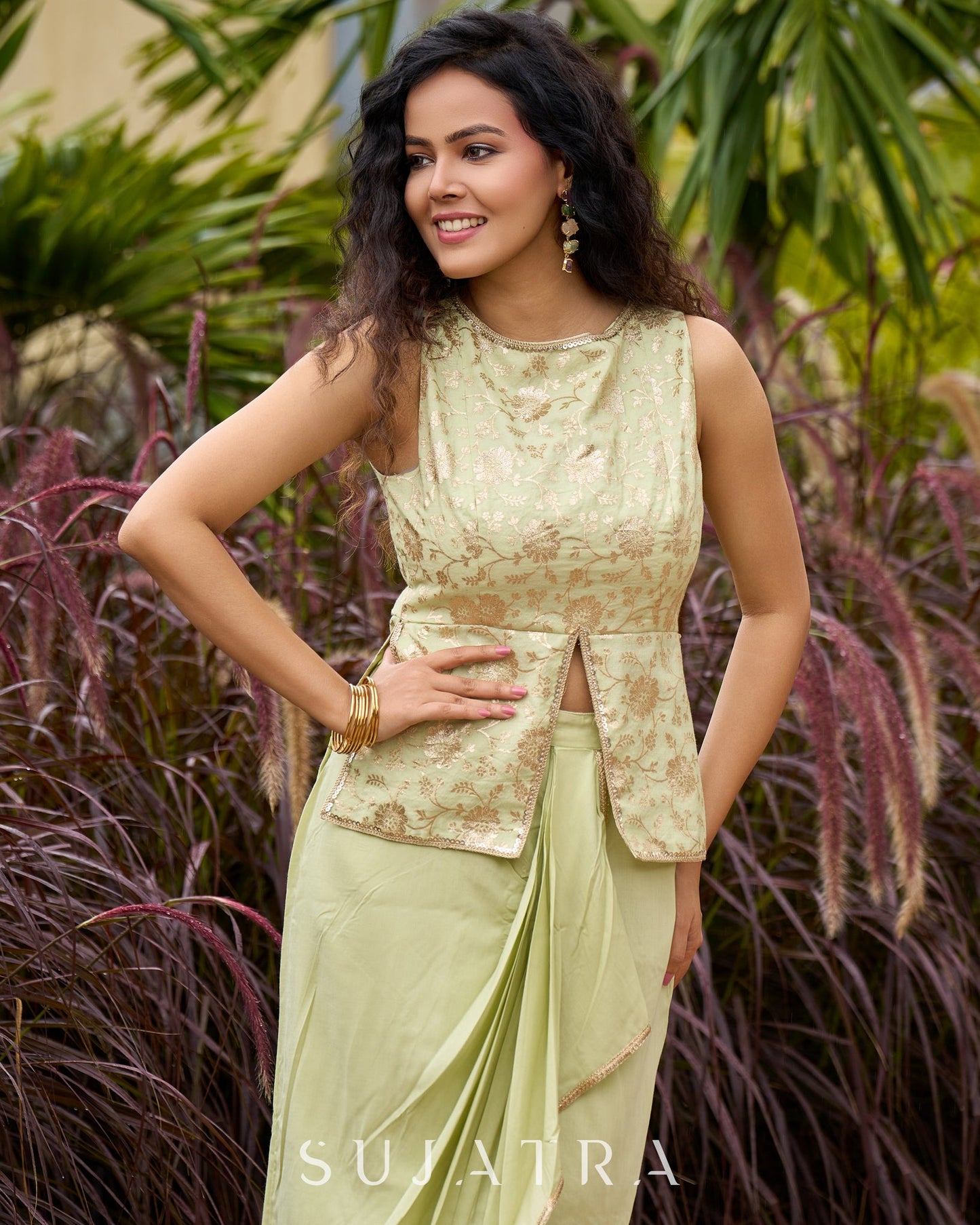 Pastel Green Festive Drape Skirt with Brocade Top