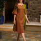 Vibrant Olive Mul Cotton Panelled A-Line Dress with Floral Hand Block Printed Panel & Flared Sleeves