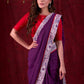 Ethereal Dual-Tone Purple Mul Cotton Saree with Floral Border, Red Tassel Highlights & Intricate Embroidered Pallu