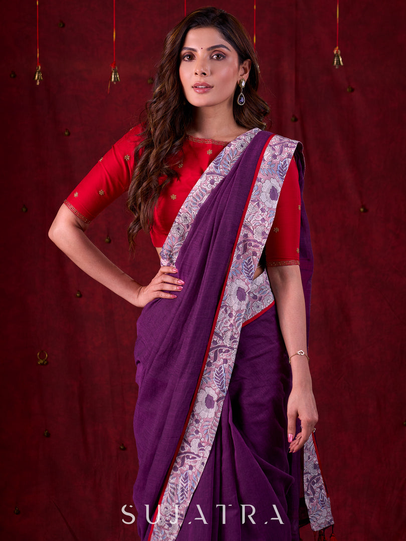 Ethereal Dual-Tone Purple Mul Cotton Saree with Floral Border, Red Tassel Highlights & Intricate Embroidered Pallu