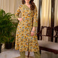Bright Yellow Floral Print Cotton A-Line Kurta with Contrast Striped Cuff