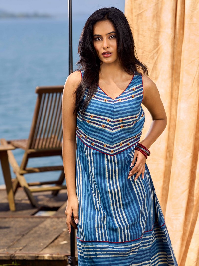 Handcrafted Indigo Cotton Dress With Red Stitch And Button Detailing
