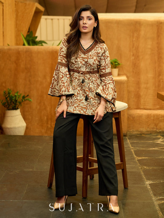 Earthy Floral Printed Mul Cotton Top with Flared Ruffle Sleeves and Tie-Up Waist