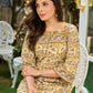 Soft Beige Printed Mul Cotton Dress with Sleek Boat Neck and Bold Contrast Piping